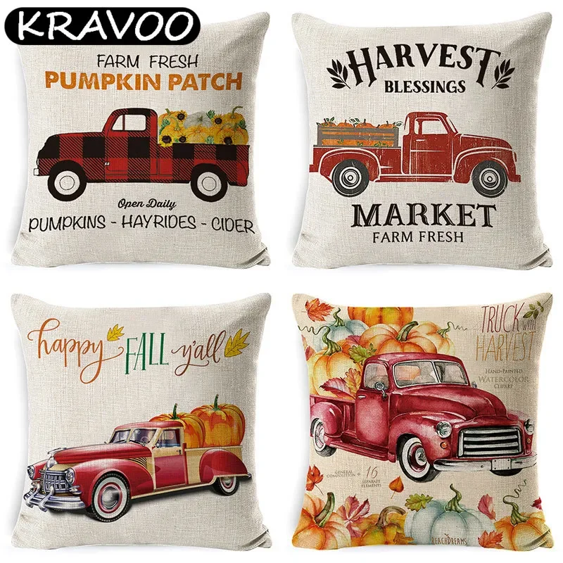 

Pillow Cases Happy Autumn Pumpkin car Cotton Linen Cushion Cover Sofa Car Home Decor Pillowcase 45*45cm kussensloop conjines