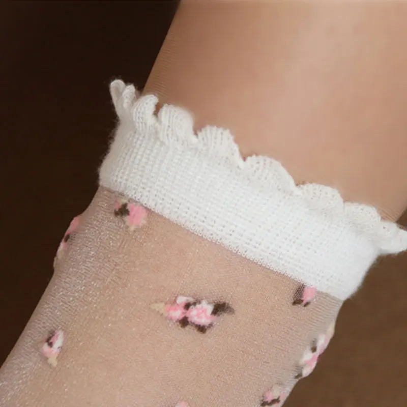 Womens Socks 1 Pair Summer Breathable Ultra Thin Transparent Lace Silk Crystal Rose Flower Girls Elastic Short Socks