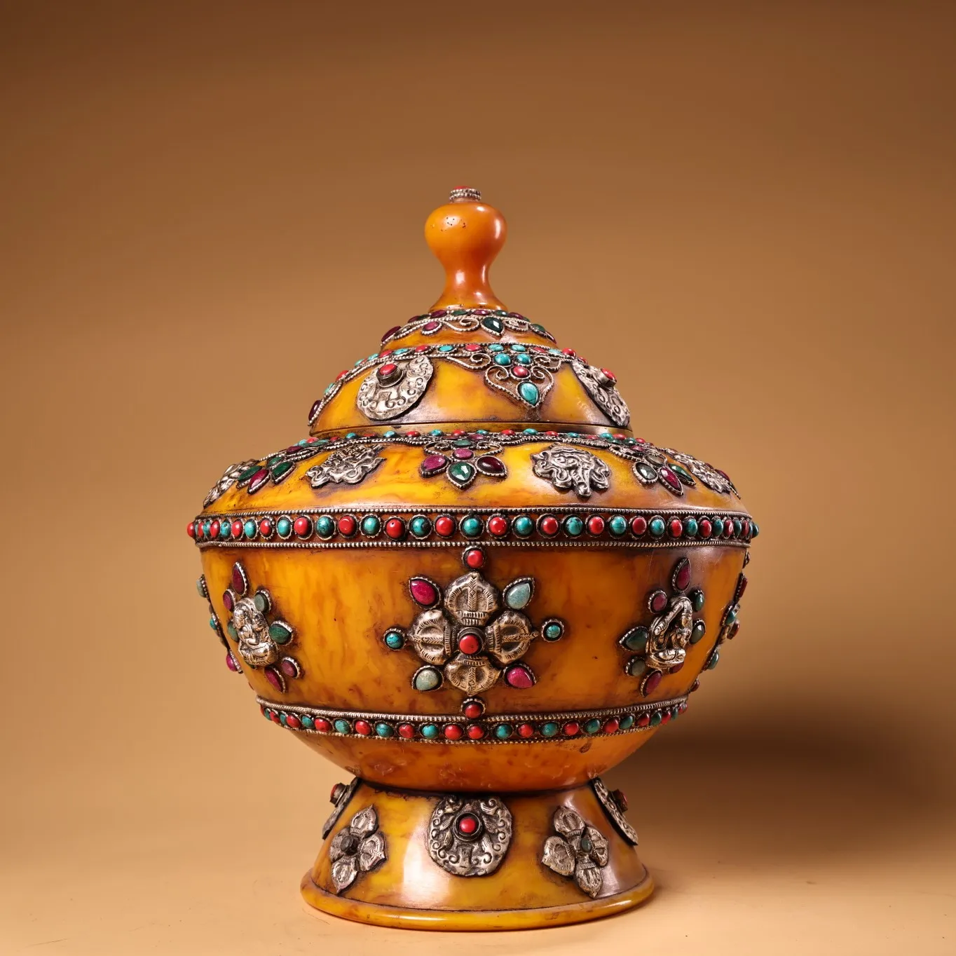 

11"Tibet Temple Collection Old Beeswax Mosaic Gem Turquoise Tibetan silver filigree Eight Treasures Buddha Jar A Pair Town house