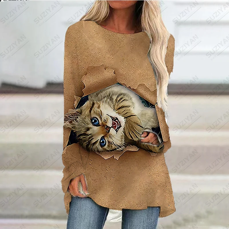 2023 New Spring/Summer Women's A-line Skirt Cute Animal Cat 3D Printed Beach Skirt Women's Round Neck Pullover Long Sleeve Top