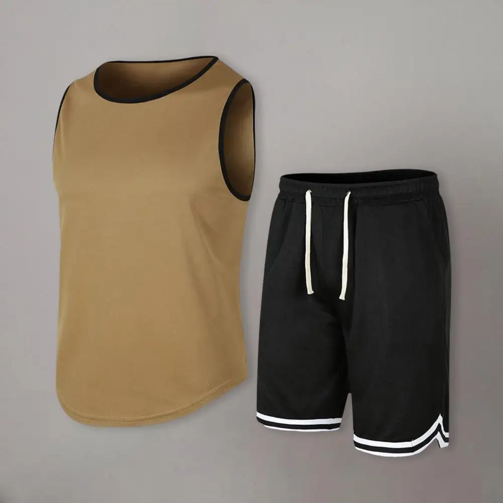 

Sports Suit Men's Casual Sleeveless Vest Wide Leg Shorts Set for Fitness Sportswear Elastic Waist Drawstring Outfit for Running