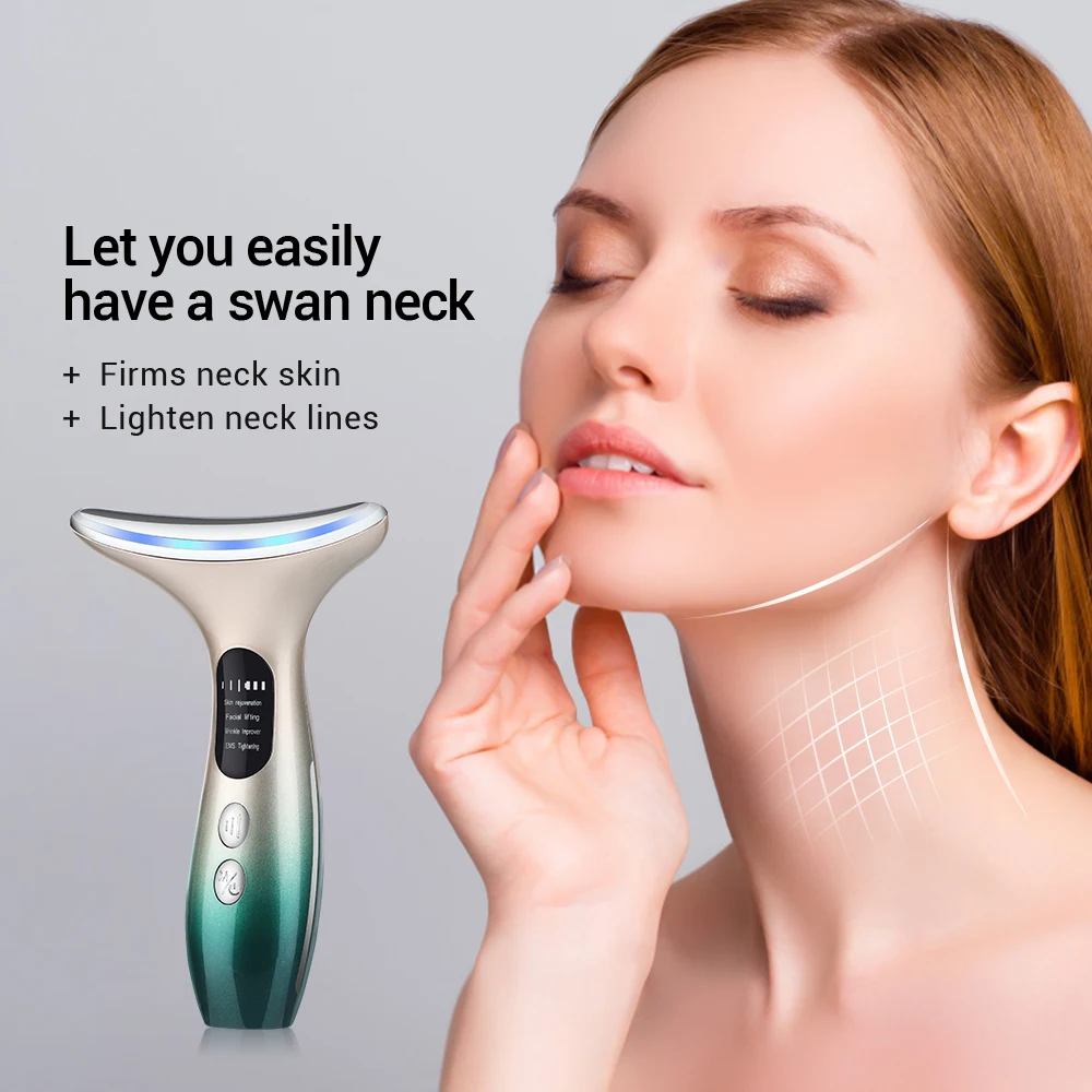 EMS Neck Face Beauty Device LED Photon Therapy Firming Lifting Skin Wrinkle Removal Thin Double Chin Vibration Facial Massager