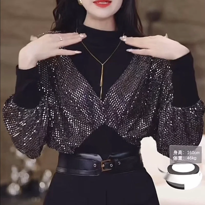 New Women's Clothing Tops Solid Color Crew Neck Long Sleeve Spring Autumn Sexy Streetwear High Street Sequined Spliced Pullovers