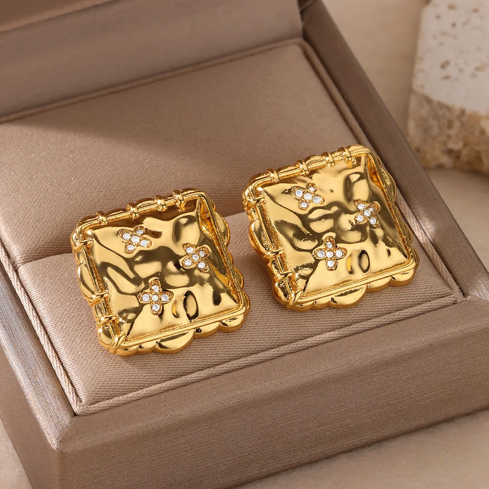 Cross Zirconia Lace Square Stud Earrings For Women Gold Color Stainless Steel