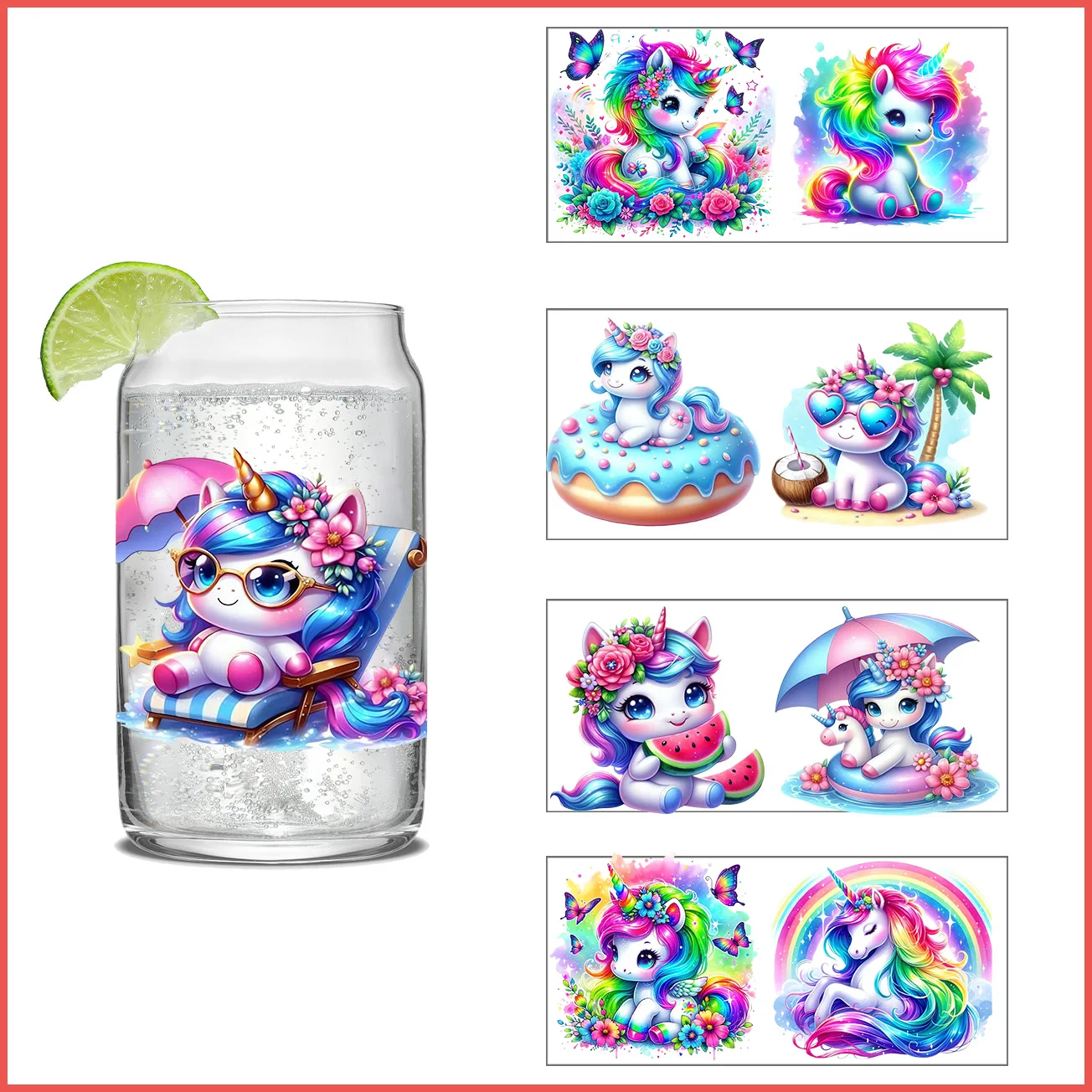 Colorful Unicorn series Easy peel waterproof DIY Decals 3D transfers uvdtf crystal stickers 16oz uv dtf cup wraps for Glasses