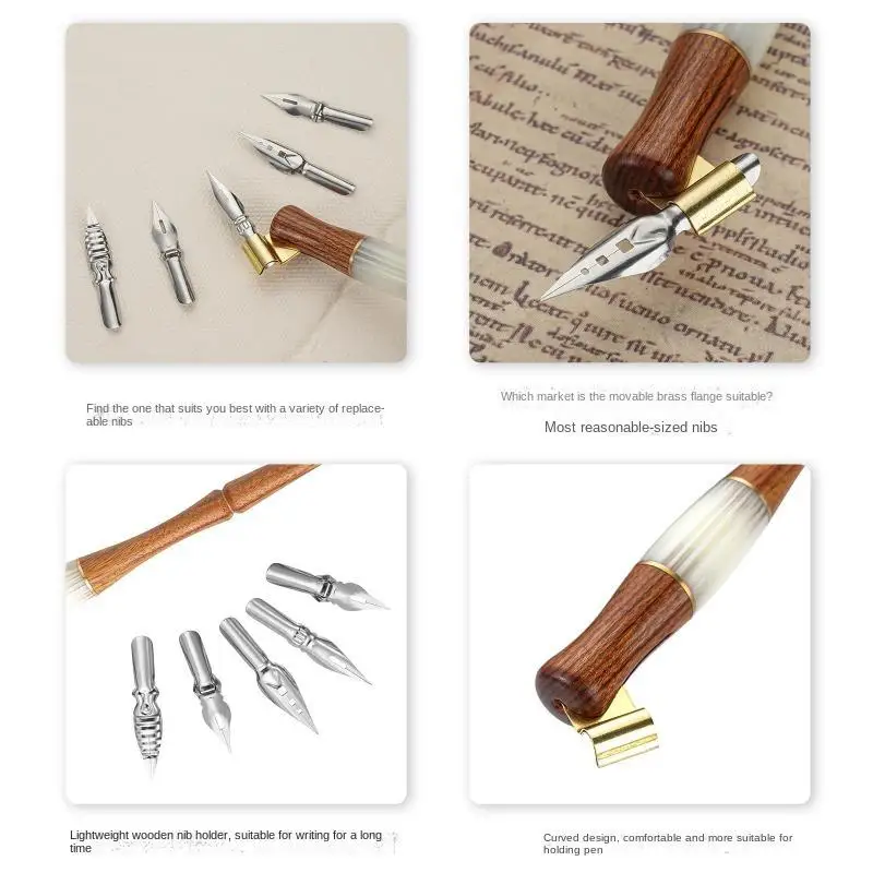 High Quality European Style Vintage Handmade Solid Wood Pen Holder English Calligraphy Dip Pen with Glass Pen Washing Cup Set