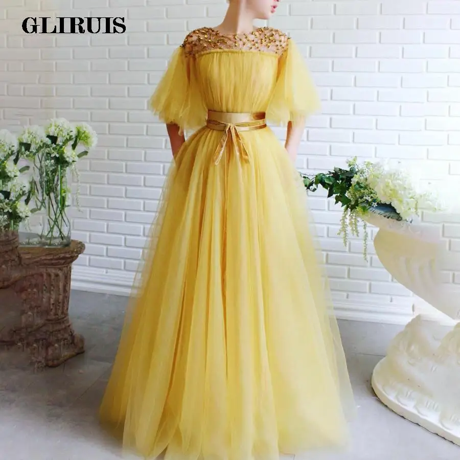 Cap Betterfly Sleeves Prom Dresses with Golden Sequin Beading A-line Yellow Prom Dress vestidos de fiesta largos elegantes plus size prom & dance dresses