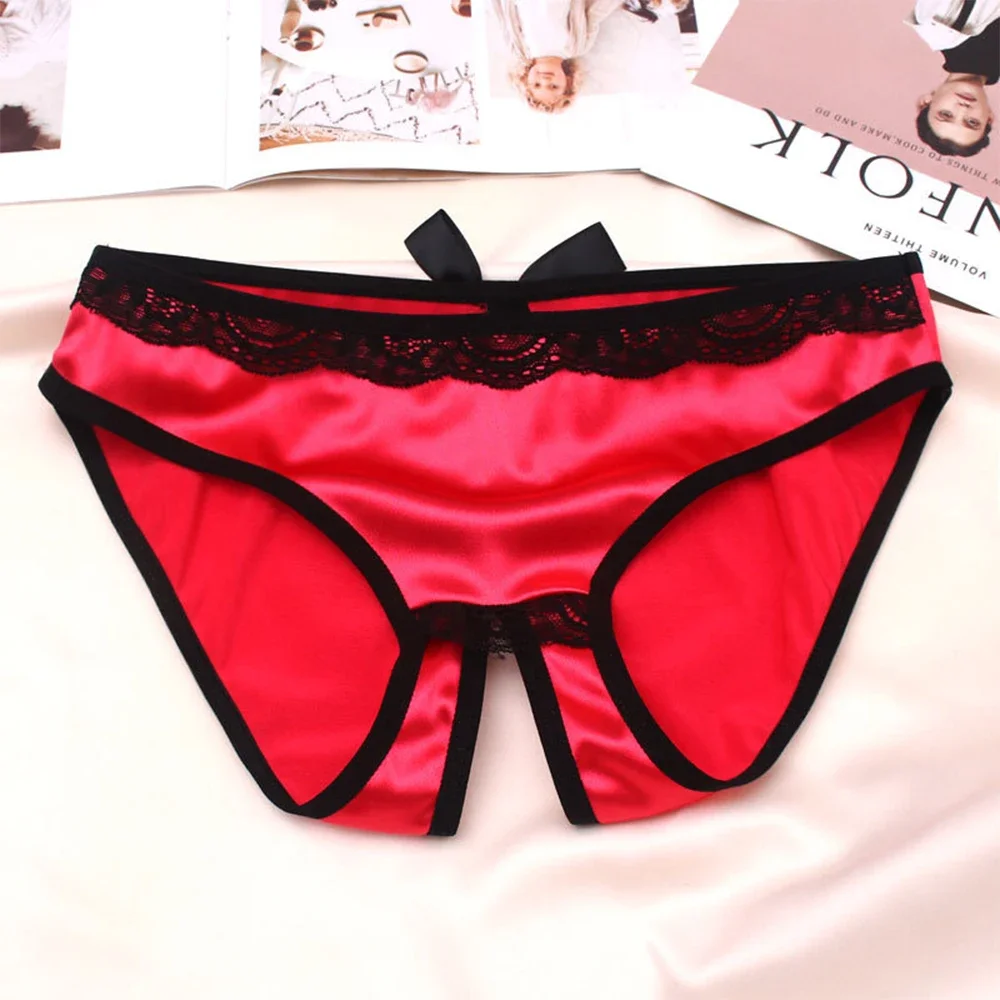 Women Sexy Open Crotch Panties High Quality Luxury Underwear Fashion Bow Silk Satin Underpants Comfortable Crotchless Briefs