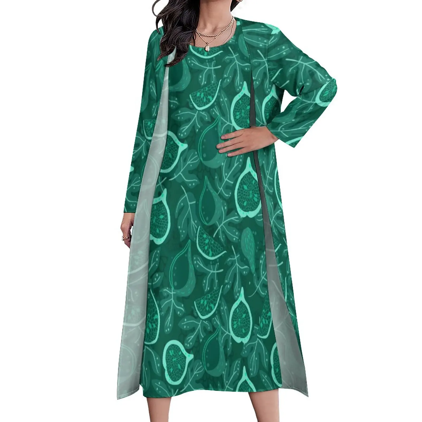 

Fig Fruit Print Dress Spring Green Botanical Korean Fashion Casual Long Dresses Womens Pattern Party Maxi Dress Big Size 4XL 5XL