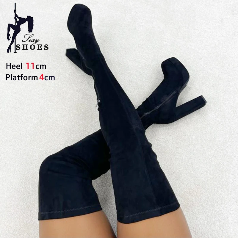 Elastic Thigh High Boots Platform Gothic style Chunk Heels Faux Suede Large Size Shoes Over-the-Knee Long Boots For Women 34-43