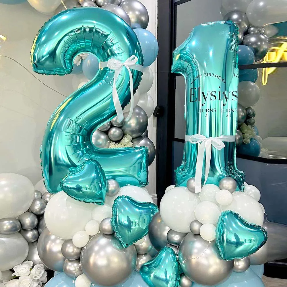 Teal Blue Number Balloon Large 32inch Digital Number 0-9 Teal Blue Turquoise Foil Balloons for Anniversary Birthday Party Decor
