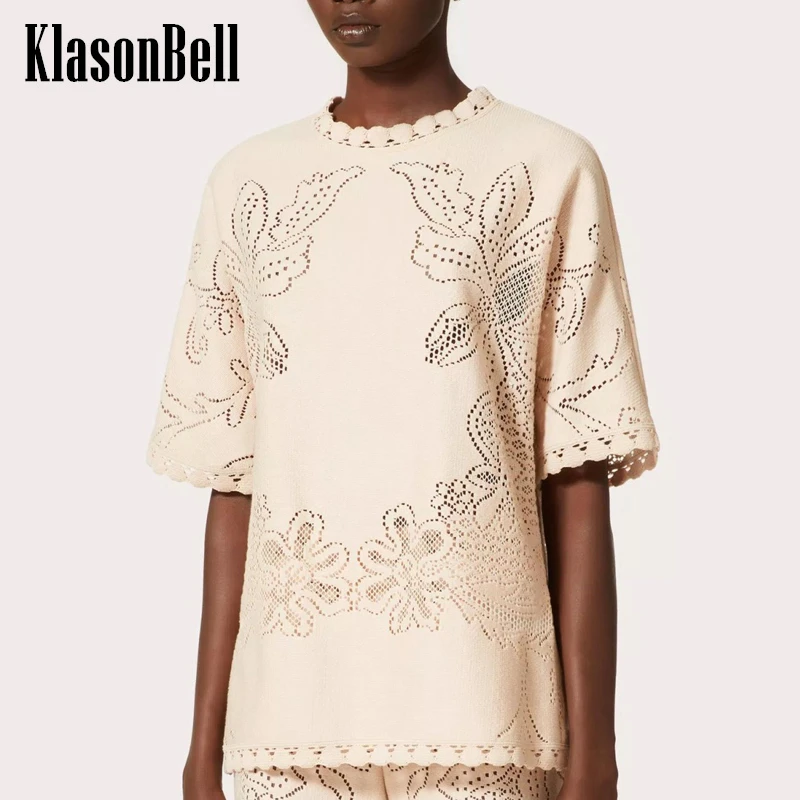 

4.9 KlasonBell Neckline Lace Weave Hollow Out Breathable Knitwear Tee Women Flower Pattern Solid Color Short Sleeve T-Shirt