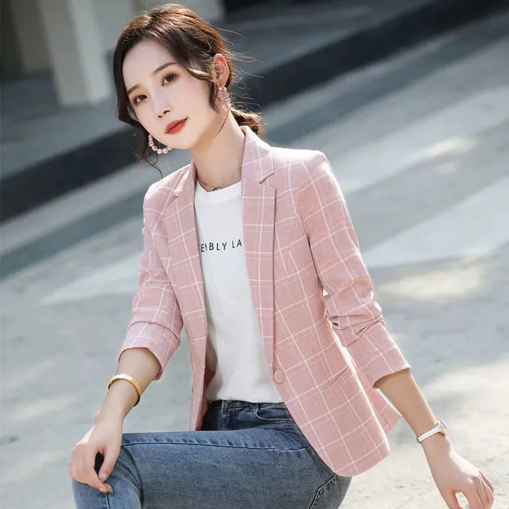 Korean Casual Slim Collar Long Sleeve Work All-match Elegant Blazer Jacket Women Vintage Stylish Plaid Office Lady |