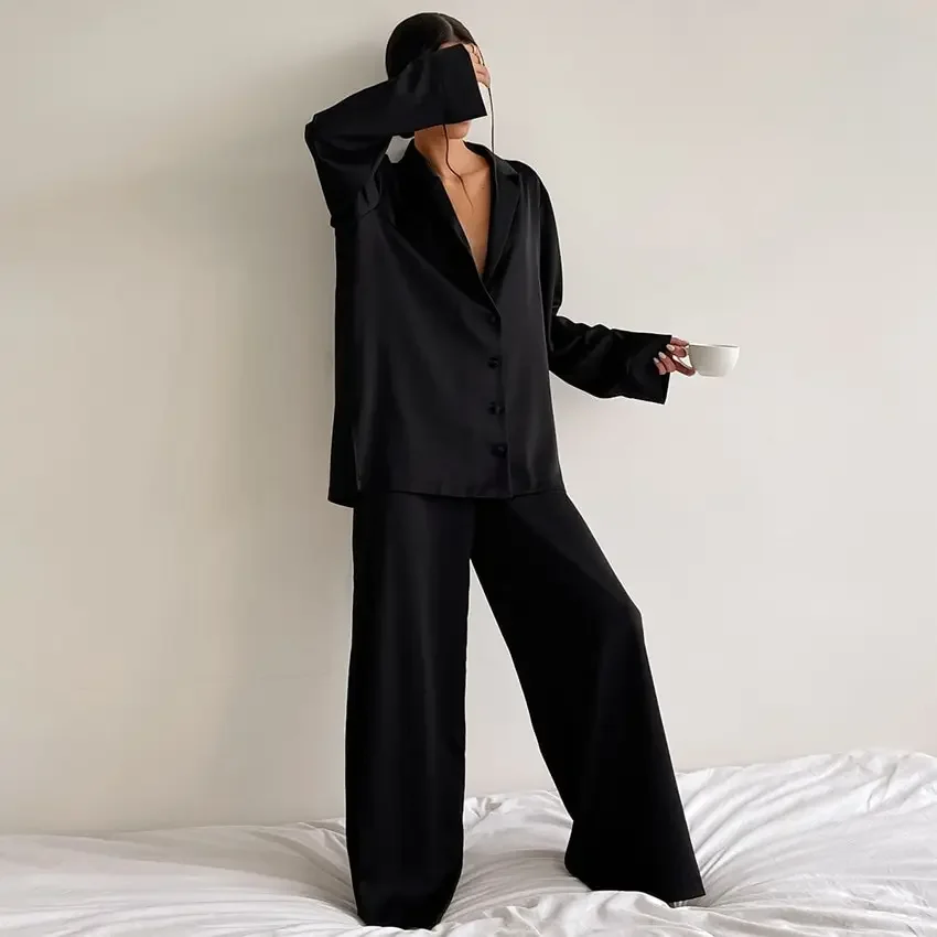 New Women Silk Pajamas Imitation Ice Silk Black Comfortable Light Luxury Color Long Sleeve WIde Pants Sleepwear Set
