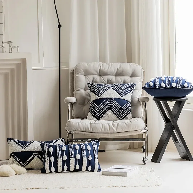 Boho 네이비 블루 터프 트 쿠션 커버 기하학 루프 터프 트 베개 커버 플러시 술 패치 워크 소파 장식 베개