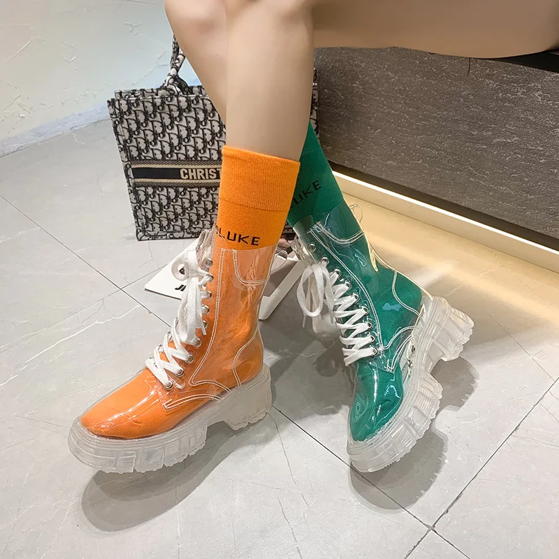 Fashion Women Pu Transparent Platform Boots Waterproof Ankle Boots