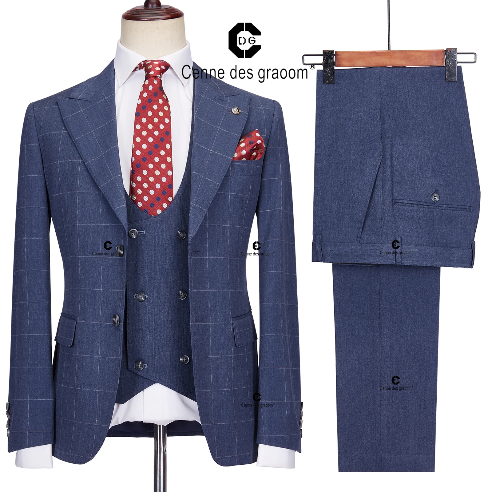 

Cenne Des Graoom 2023 Tailor-Made Blue Plaid Men suits Slim Fit Jacket Vest Pants 3 Pcs Set Groom Business Office Meeting Party