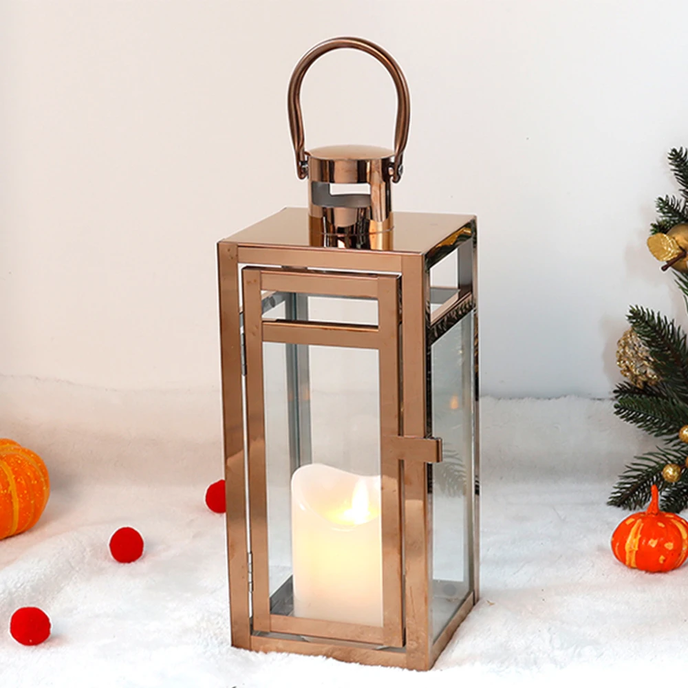 Stainless Steel Candle Holder Lanterns Rose Gold Hanging Lantern Candlestick Light for Indoor Outdoor Weddings Party Home Decor - Image 2
