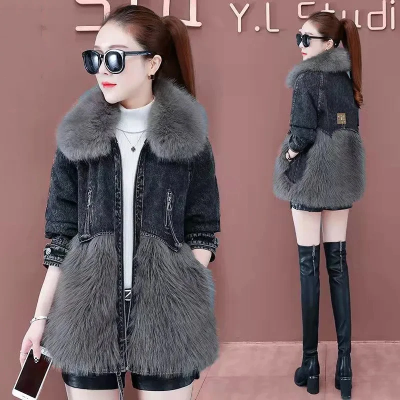 

2023 New Winter Stitching Denim Women Jackets Loose Cowboy Outerwear Female Tops Casual Jeans Overcoat Ladies Windbreaker Coats