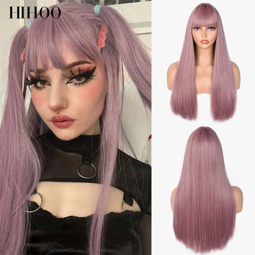 Cosplay Wig With Bangs Synthetic Hair Straight Blonde Wig Long Pink Wig For Women Lolita Red White Wig Purple Heat-Resistant613