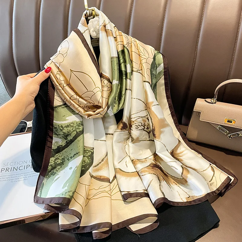 

180*90cm Luxury Brand New Style Autumn Winter Popular Flower Headcloth Women Fashion Silk Print Scarf Ladies Beach Shawl foulard
