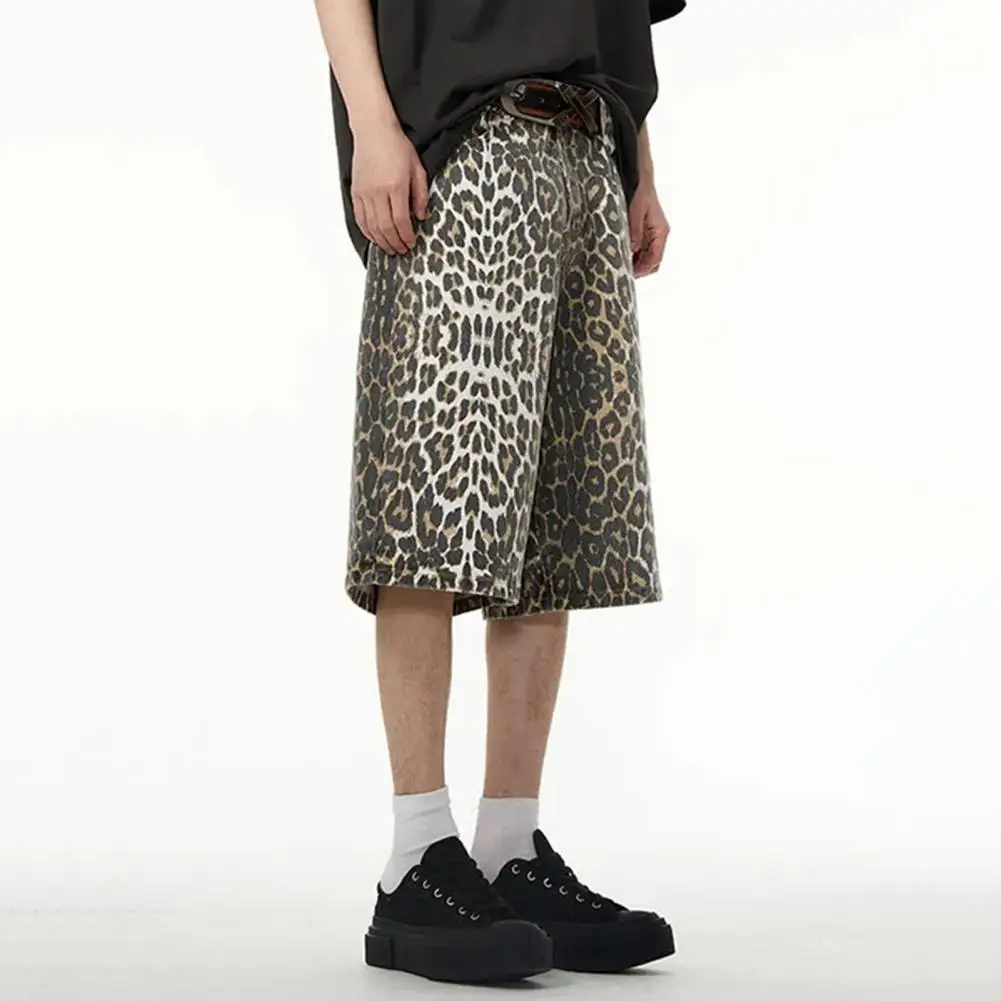 Mid-rise Button Detail Pants Leopard Print Unisex Denim Pants Retro Streetwear Club Trousers for Women Men with Zipper Button