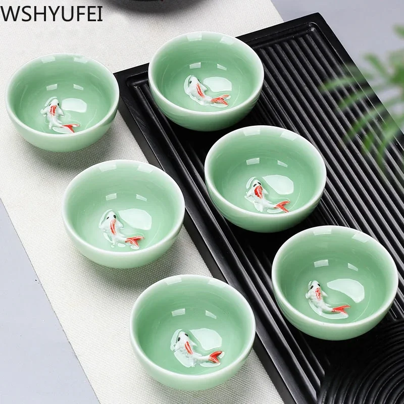 6 pcs/lot Tea set Small Tea Cup Ceramic Set Household Single Cup Master Blue and White Porcelain Celadon Gift Box tea cup glass tea set