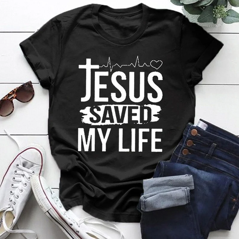 

Ladies Tee Shirt Tops Clothes Camisetas Mujer Jesus Save My Life Print Women T Shirt Short Sleeve O Neck Loose Women Tshirt