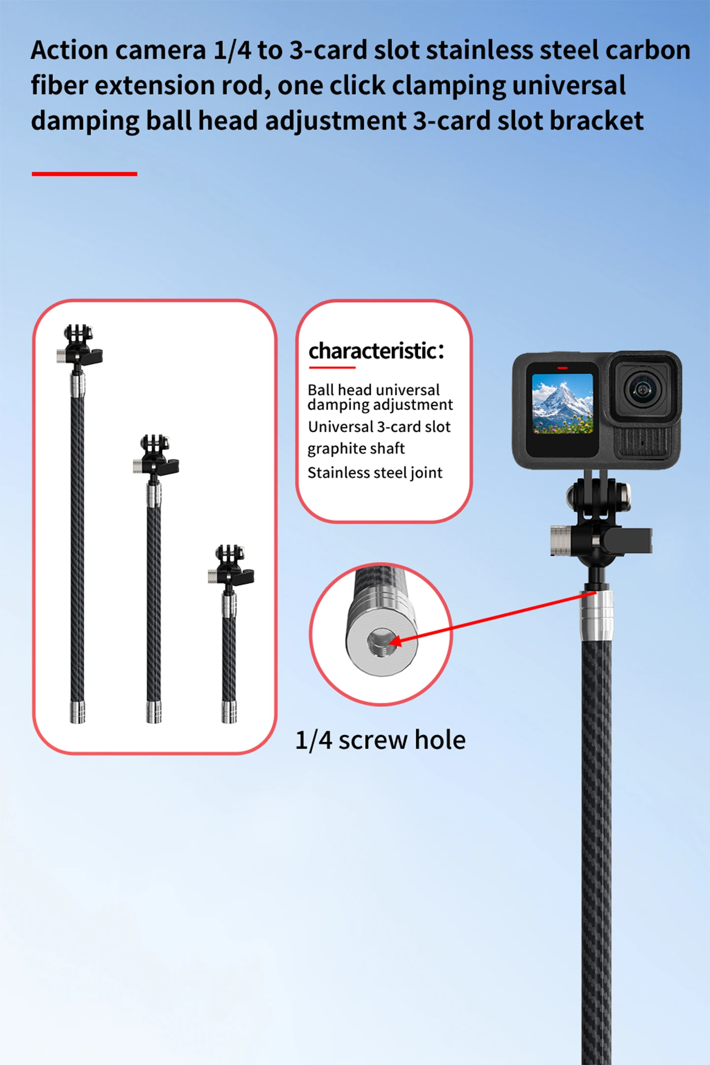 Carbon Faser Selfie Stick Stange Kamera Halterung für Gopro Insta360 OSMO 360 Helm Arm 17mm Kugelkopf Stativ Halterung mic Licht Halter – Detail 7