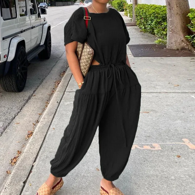 2022 Women Solid Short Sleeve O Neck Jumpsuits Chic Summer Drawstring Loose Overalls Elegant Office Ladies Workwear Jumpsuit