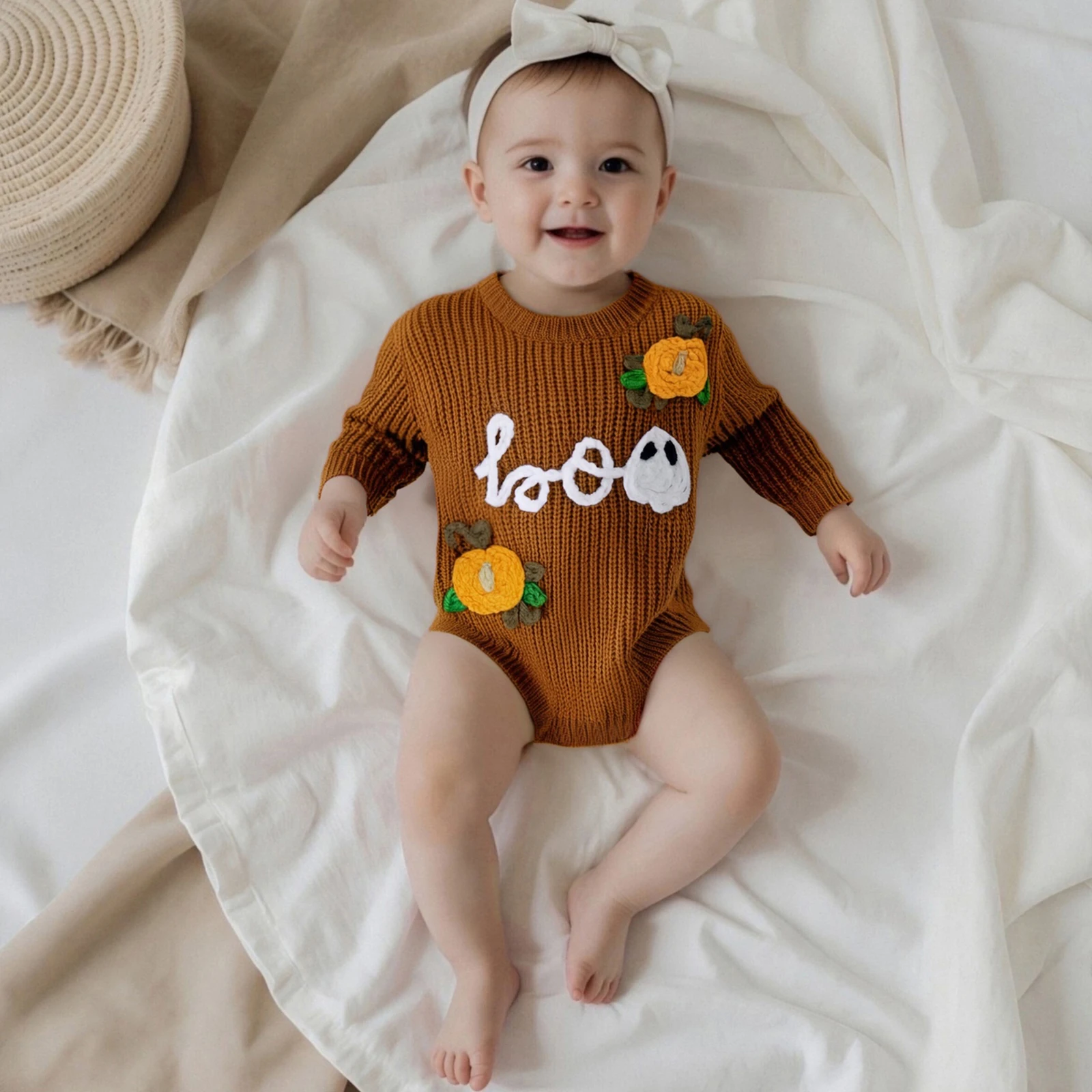  소년 소녀 할로윈 롬퍼 긴 소매 호박 유령 자수 니트 바디수트  가을 플레이수트