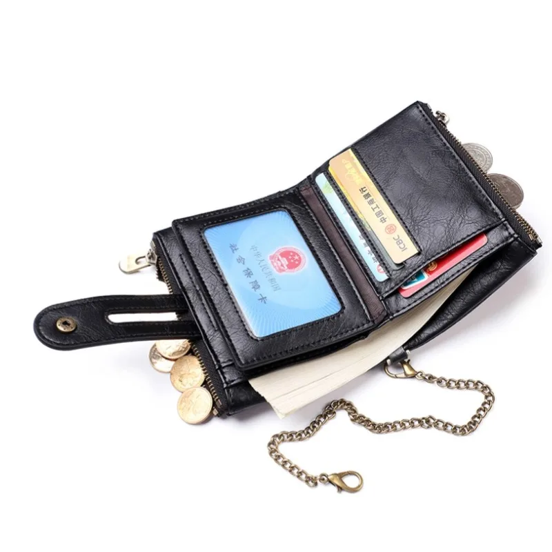 New Men Wallets PU Leather Short Card Holder Chain Luxury Brand Men's Purse High Quality Classic Retro Male Wallet