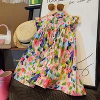 Girls’ Dress 2024 Summer New Girls’ Round Neck Flower Print Flying Sleeve Dress Fashion Children’s Print Dress