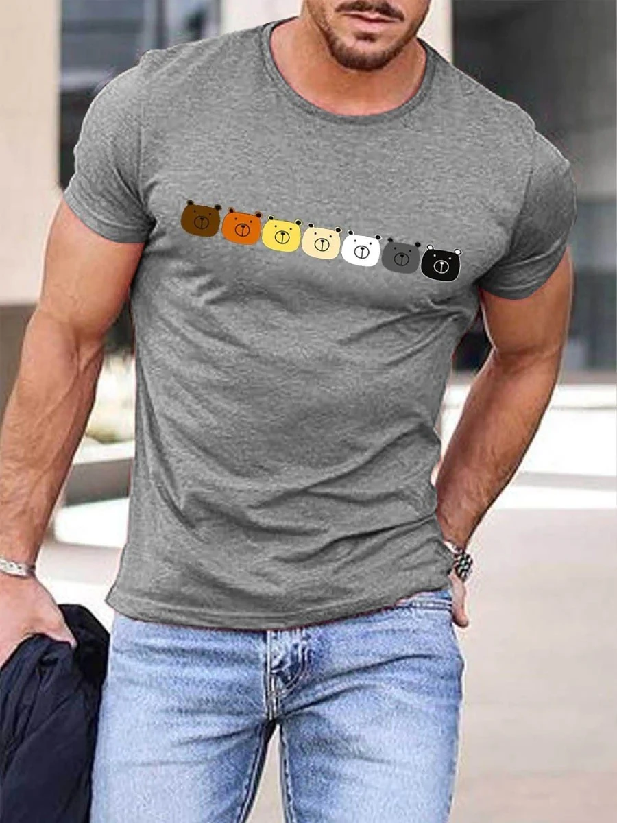 

2023 Summer Men's Printed Casual Crew Neck Short Sleeve T-Shirt Men's Rainbow Bears Print Gray T-Shirt 3D Printed T Shirt