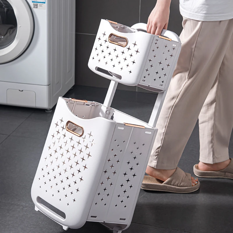 2 Tier Laundry Basket with Wheels Movable Plastic Hamper Sorter