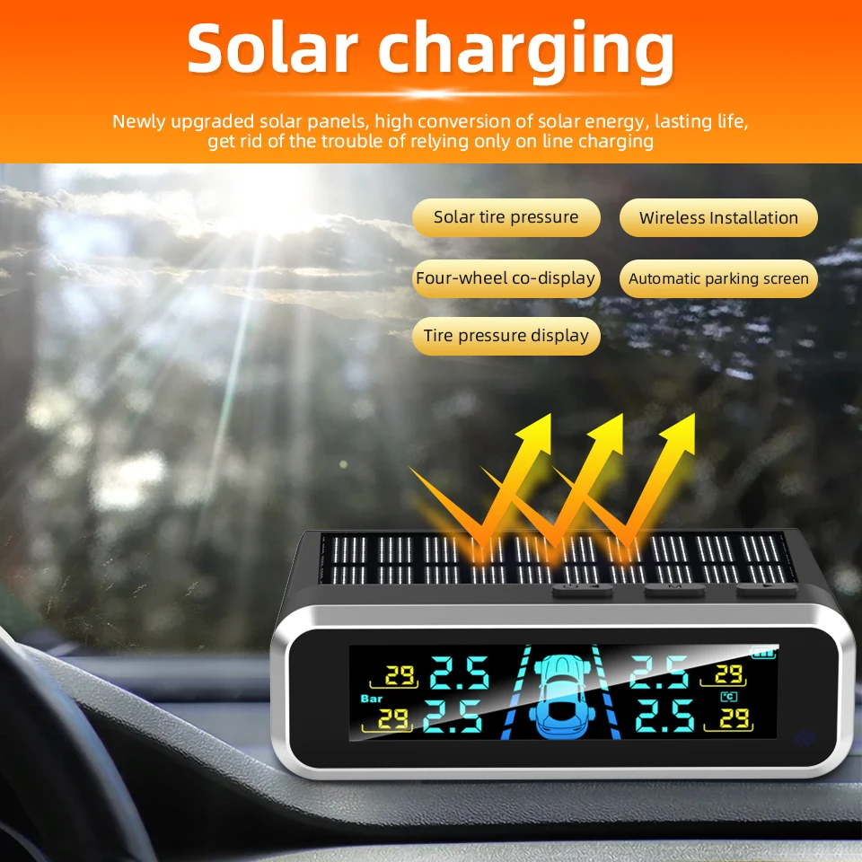Sistema di monitoraggio della pressione dei pneumatici wireless E-ACE con display a colori dinamico, temperatura pneumatici, USB/Solare, 4 sensori TPMS - immagine 3