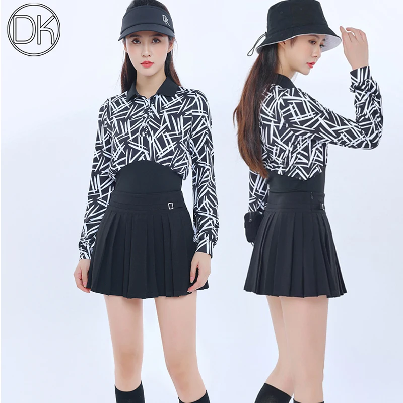 

DK Golf Playsuit Women's Long Sleeve T-Shirt Fashion Print Tops Ladies Pleated Skirts A-line Golf Skort Shorts With Small Bag
