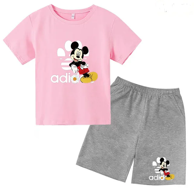 thumbnail image 1 of Conjunto de 2 piezas de camiseta y pantalones cortos de marca Disney de manga corta de verano para niños y niñas, conjuntos de moda para bebés de 2 a 12 años, 1 of 5