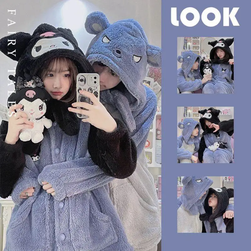 cartoon-kuromi-pajamas-sanrios-kawaii-anime-plush-homewear-sleepwear-autumn-winter-couple-hooded-nightwear-suit-girl-gift