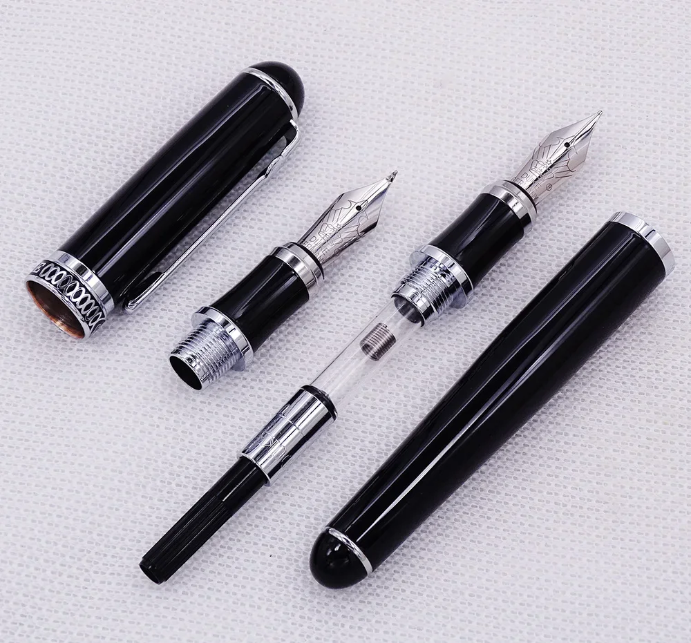 Duke D2 Black Silver Clip d2 Medium Nib Fountain Pen with 1pc Calligraphy Fude Bent Nib Interchangeable Set for Writing Practice