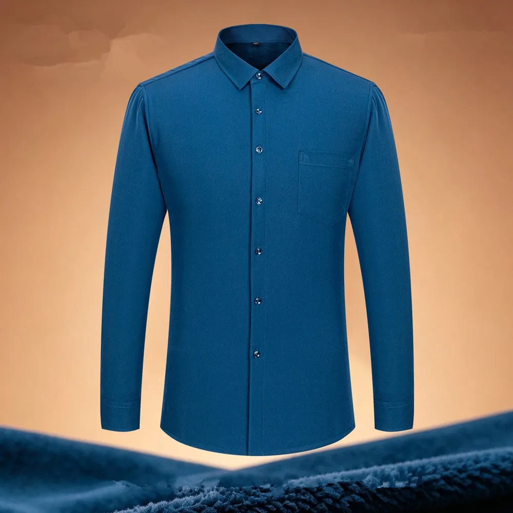 Camisa de vestir para hombre, con forro polar, ideal para el invierno, gruesa, cálida, de manga larga, para uso formal e informal, de color liso, con botones, blanca, disponible hasta la talla 6XL y 7XL.