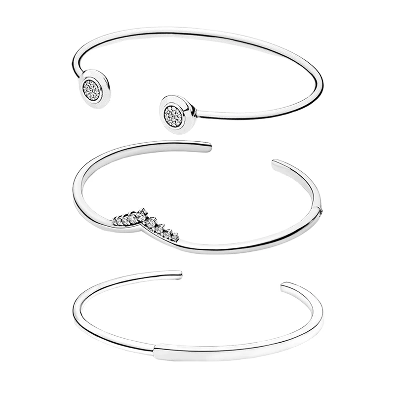 

Rigid Wrist Cuff Bracelets Bangles For Women Fine Jewelry Silver 925 Original Round LOGO Clasp Tiara Wishbone I-D 16 17.5 19cm