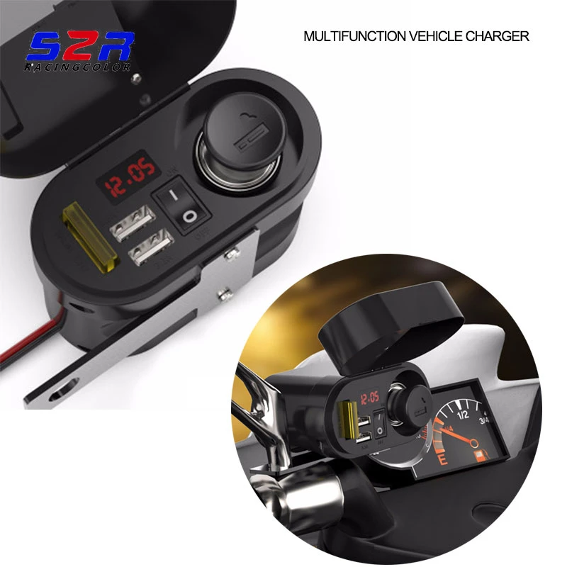 Plastic+Metal 12V Waterproof Motorbike Smartphone GPS 2USB Charger+LED Voltmeter