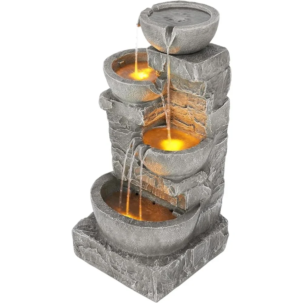 

Outdoor Water Fountain for Gardens, 33.25 in. Cascading Bowls and Stacked Stones, LED Outdoor Water Fountain