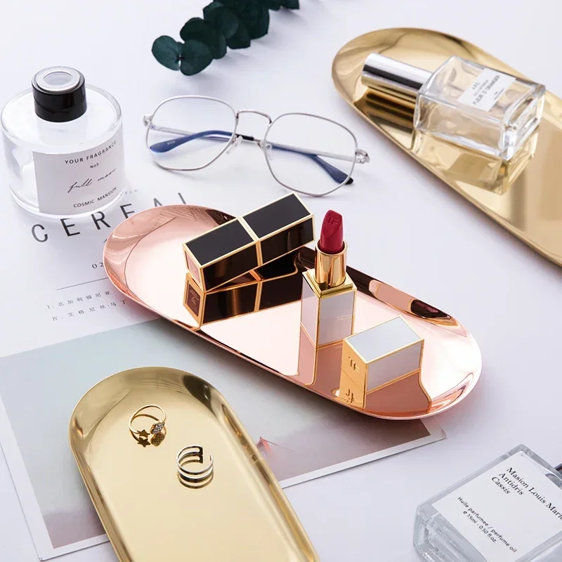 Modern Metal Rose Gold Plate Stainless Steel Silver Oval Storage  Jewelry Display Storage Tray Decorative Supplies Tray 2