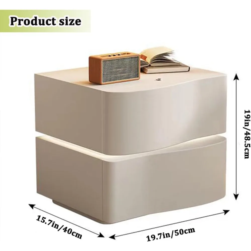 Leather Night Stand with LED Light Strip, Solid Wood Nightstand with 2/3 Drawer, Modern Bedroom Bedside Table (2 Drawers, White) 2