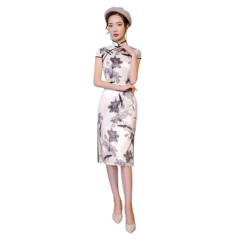 

Традиционное китайское платье с принтом, женское облегающее Элегантное Длинное Платье-Ципао, женское модное летнее платье-Ципао