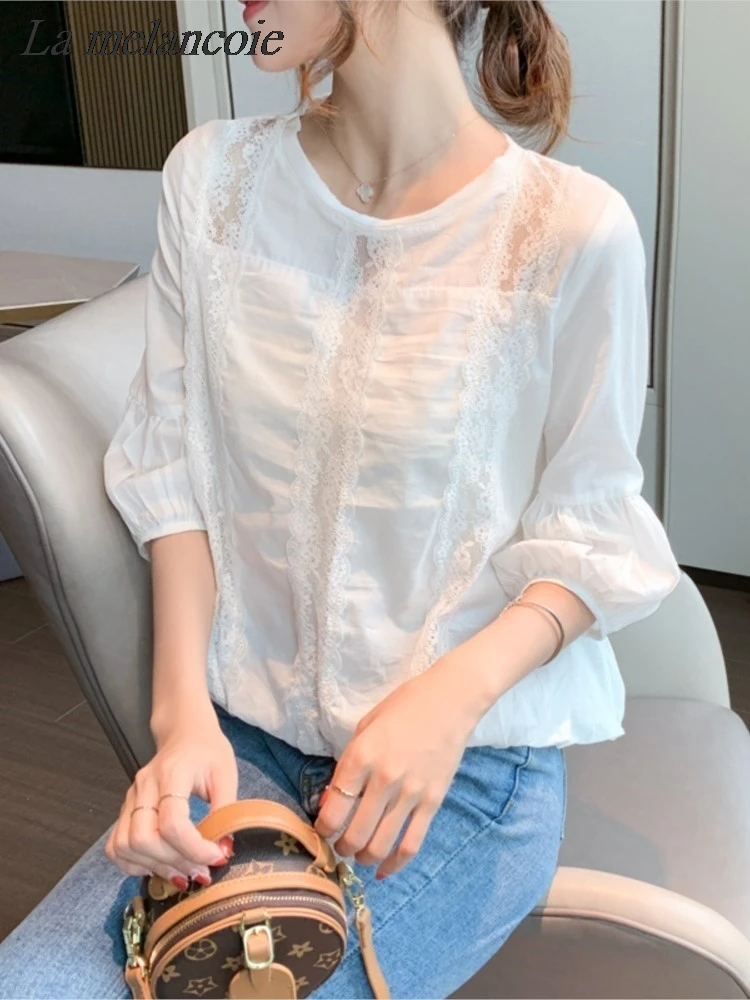 

Женская шифоновая блузка с кружевными рукавами-фонариками, белая однотонная блузка свободного покроя в Корейском стиле для офиса, весна-лето 2024