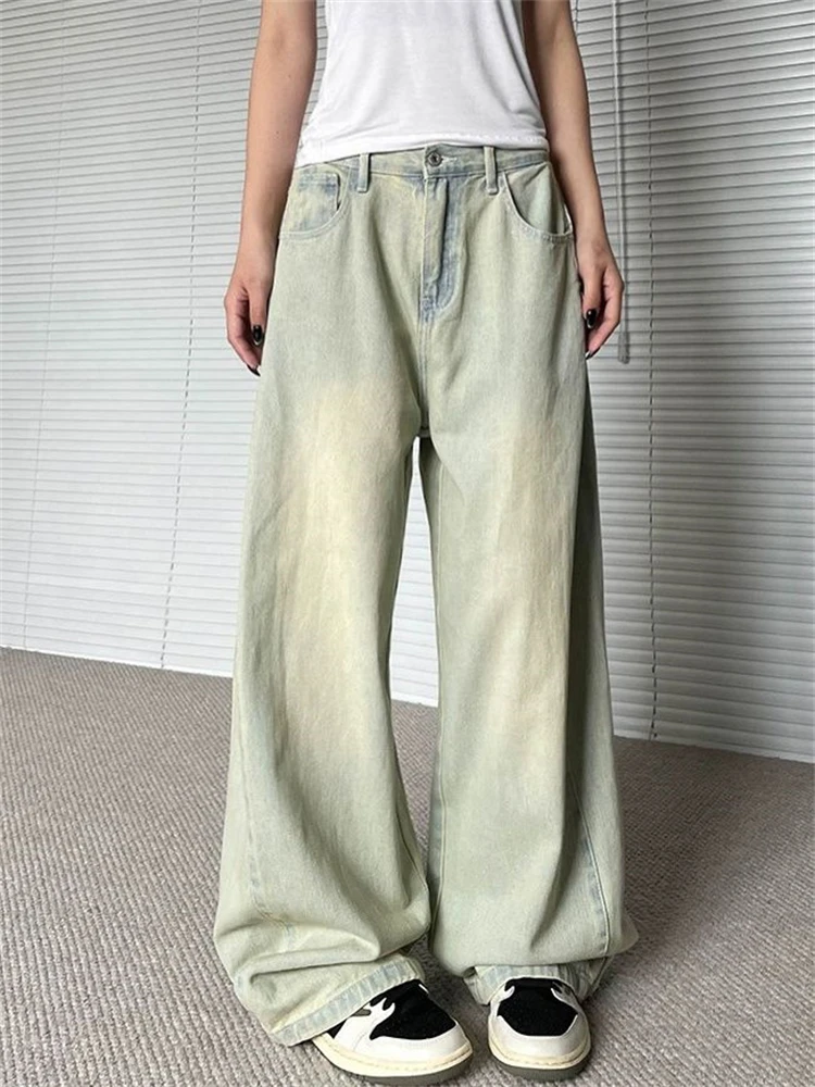 

Women's Washed Yellow Mud Color Jeans Vintage Street Cool Girl High Waist Wide Leg Pants Female Casual Denim Trousers