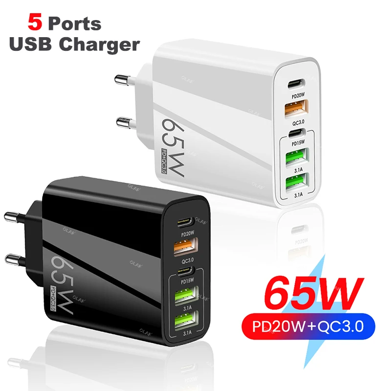 

New 65W Usb C Phone Charger Fast Charging Qc3.0 Pd 3Usb Type C Multi-Port Adapter For Iphone 13 12 Xiaomi Huawei Ipad Tablet